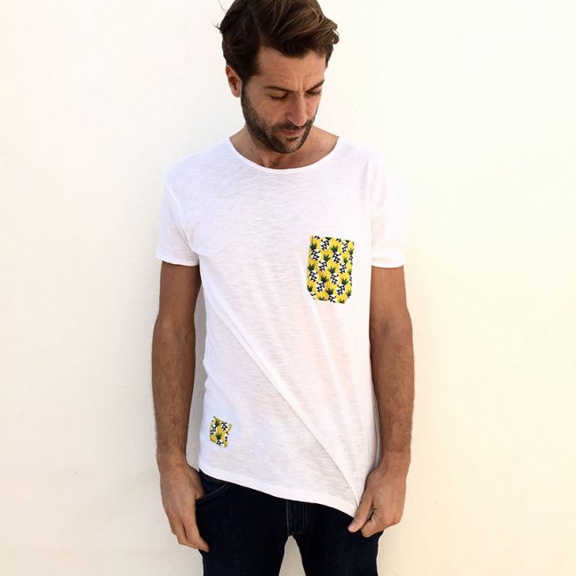 camiseta chico urban blanca bolsillo amarillo piñas